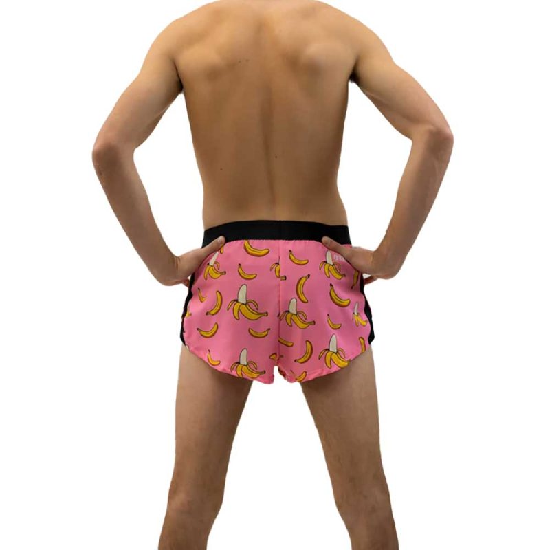 chicknlegs mens 2 inch split printed running shorts pink bananas back view