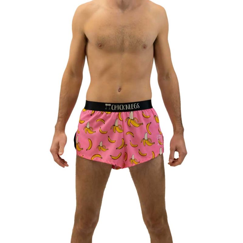 chicknlegs mens 2 inch split printed running shorts pink bananas front view