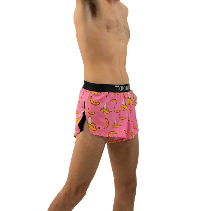 chicknlegs mens 2 inch split printed running shorts pink bananas side view