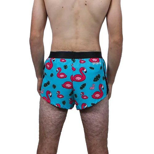 chicknlegs mens blue flamingo 2 inch split shorts back