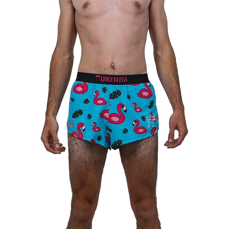 chicknlegs mens blue flamingo 2 inch split shorts front