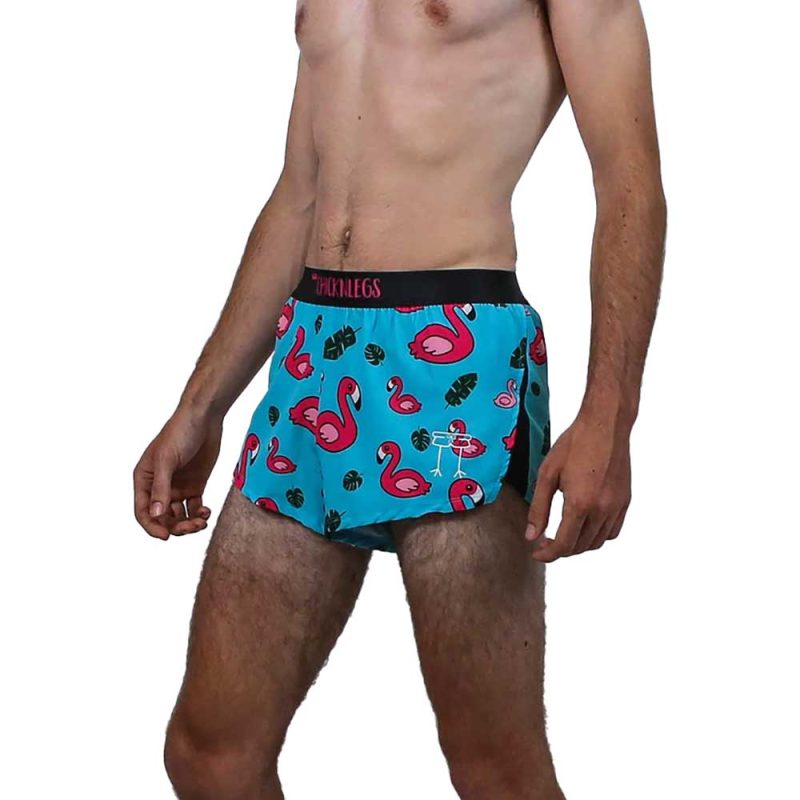 chicknlegs mens blue flamingo 2 inch split shorts front side