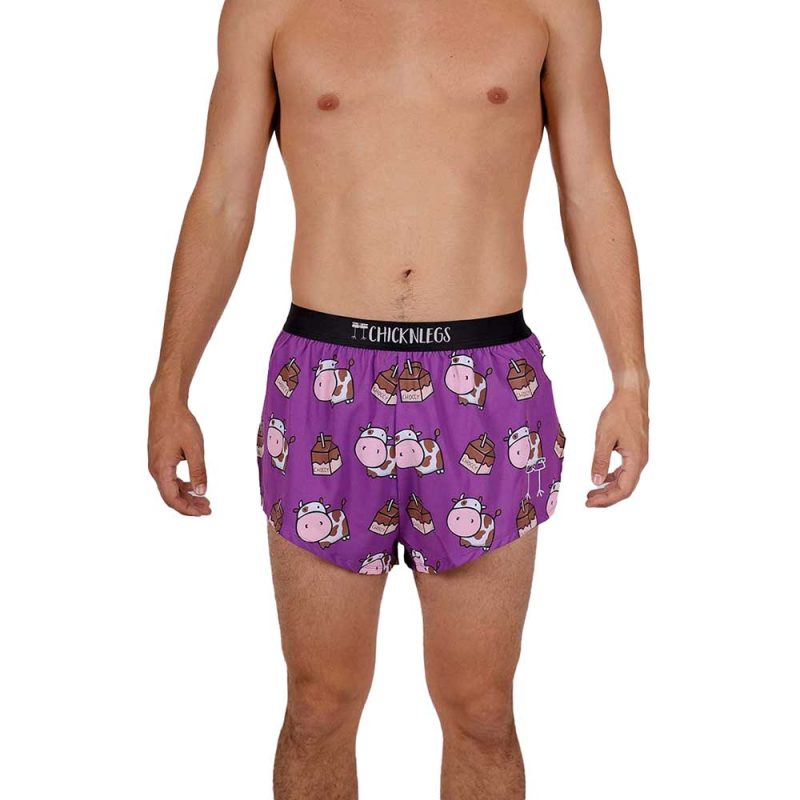 chicknlegs mens choccy cows 2 inch split running shorts front