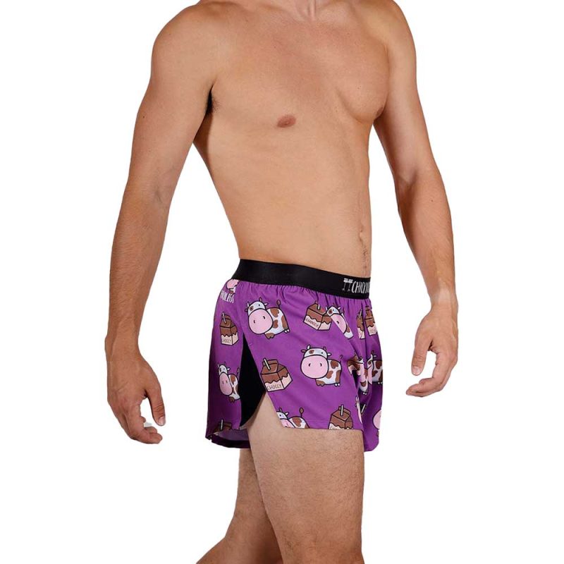 chicknlegs mens choccy cows 2 inch split running shorts side view