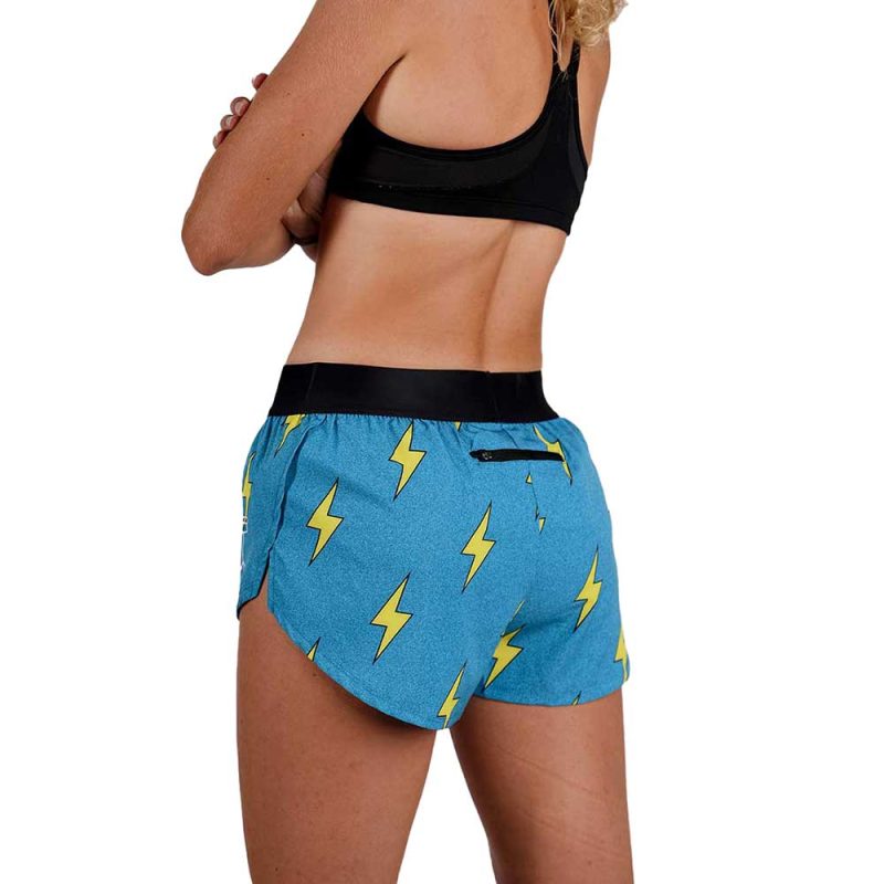 chicknlegs womens blue bolts 1.5 inch split running shorts rear view