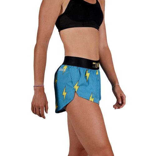 chicknlegs womens blue bolts 1.5 inch split running shorts side view