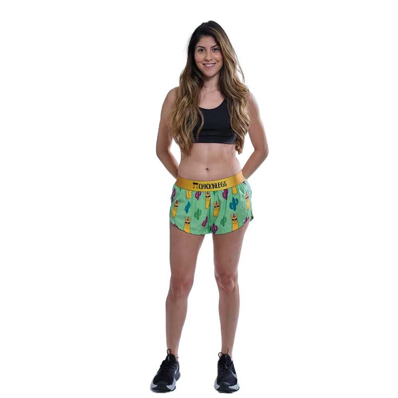 chicknlegs womens green llamas split running shorts full body