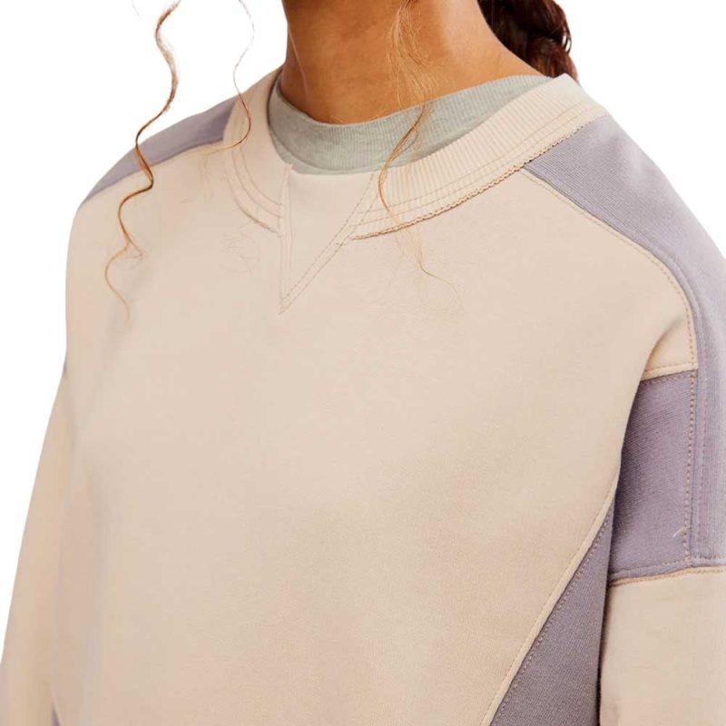 free people fp movement intercept cropped crew neck color block sweatshirt homeplate light pink trailblaze lavender light purple front neckline