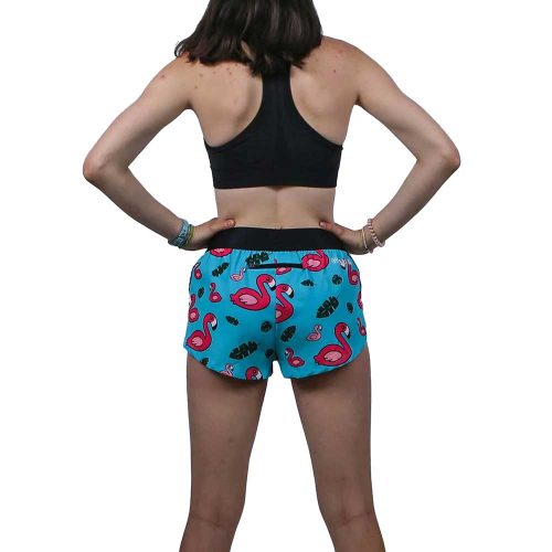 womens blue flamingo 1.5 inch split shorts back