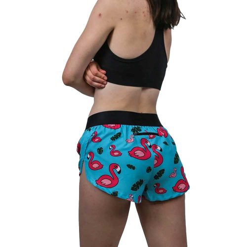 womens blue flamingo 1.5 inch split shorts front back side