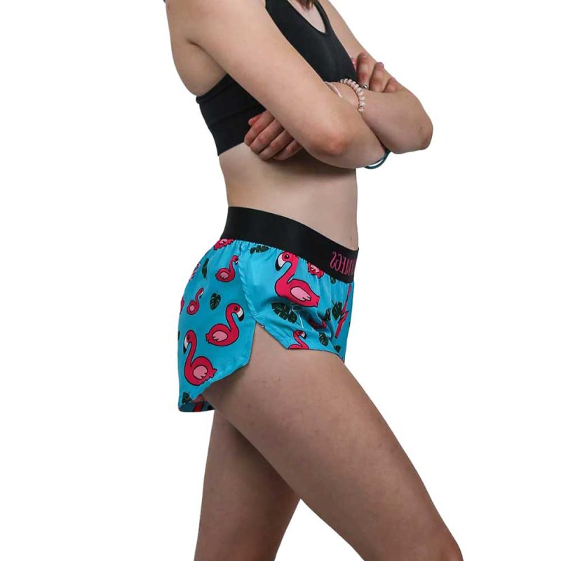 womens blue flamingo 1.5 inch split shorts side